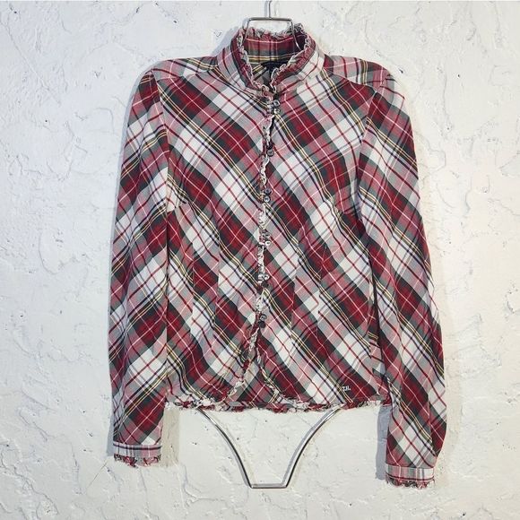 Tommy Hilfiger plaid red green white ruffle button down long sleeve blouse small - Picture 9 of 13
